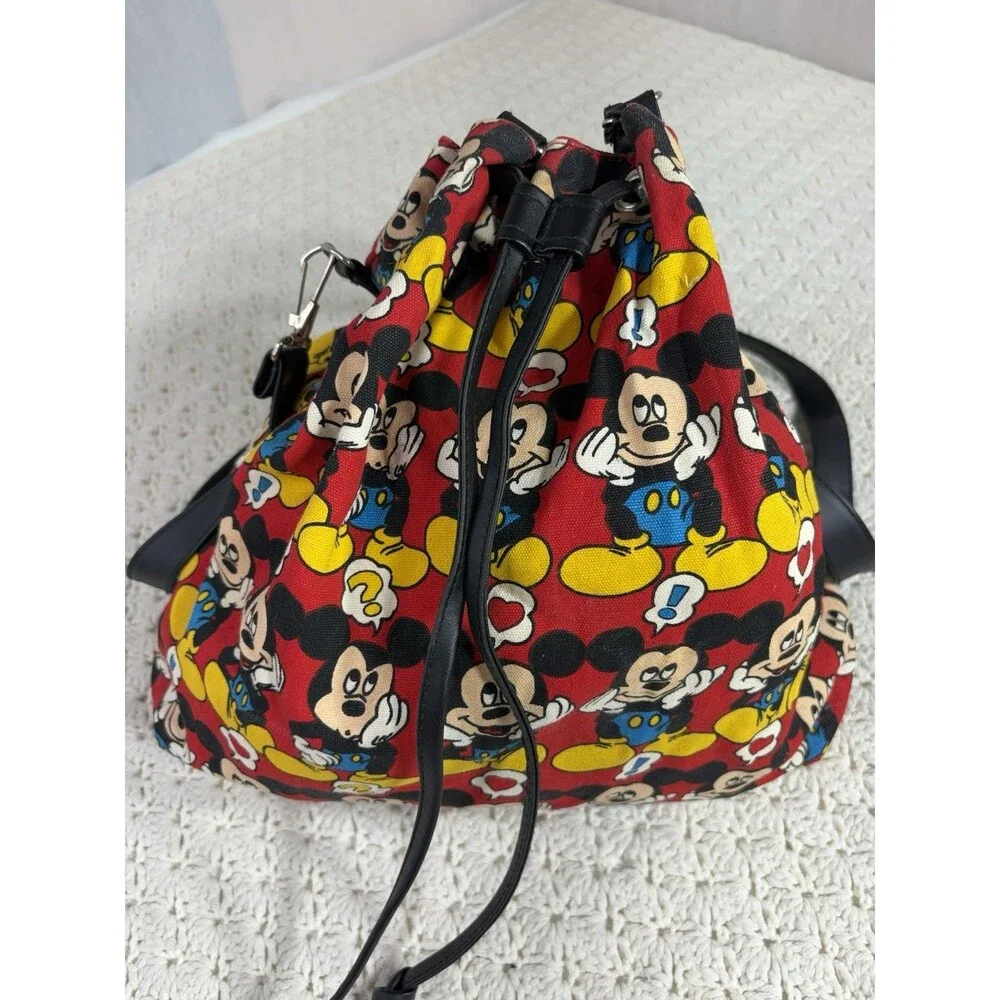 Vintage 90s Mickey Mouse Faces All Over Print Canvas Drawstring Bag Bucket Tote